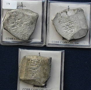 3 1715 Fleet 8 Reales.: Cobb Coin Co., 3- 8 reale pieces from the 1715 fleet, Mexico, Philipe V, CB81-053, weight 25.40 grams; CB81-054, weight 25.57 grams; CB81-055, weight 24.56 grams. Grade II. Alderfer grade III & IV.