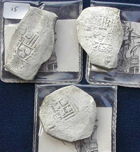 3 1715 Fleet 8 Reales.: Cobb Coin Co., 3- 8 reale pieces from the 1715 fleet, Mexico, Philipe V, CB83-230, weight 23.68 grams; CB83-260, weight 24.27 grams; CB83-282, weight 22.21 grams. Alderfer grade IV.