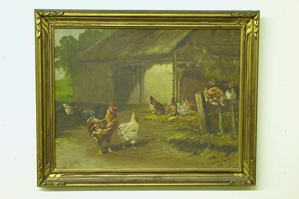 David B. Bechtel.: Barnyard landscape with chickens, oil on canvas, 16 x 21", SLR: "D. B. Bechtel 1901". Condition: Tear (2") with minor paint loss. Artist: b.1895, PA.
