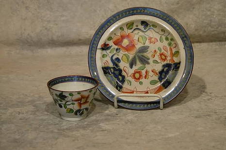 Gaudy Dutch Plate and Cup.: "Single Rose" pattern. Plate 7 1/4" dia., cup 2 1/2" t. Condition: Both with discoloration.