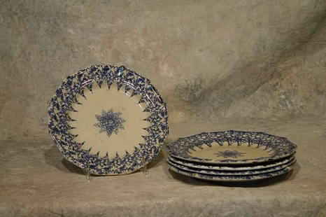 Five Spongeware Plates.: 12-sided plates, with blue sponge decorated border with center star design. 8" dia. Condition: Two have flakes on rim.