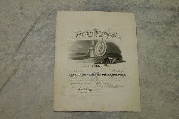 Certificate for United Bowman of Philade: Unissued certificate for the United Bowman of Philadelphia signed by the club's president, secretary, and treasurer. Certificate features vignette of tent and target with archery equipment. Certificat