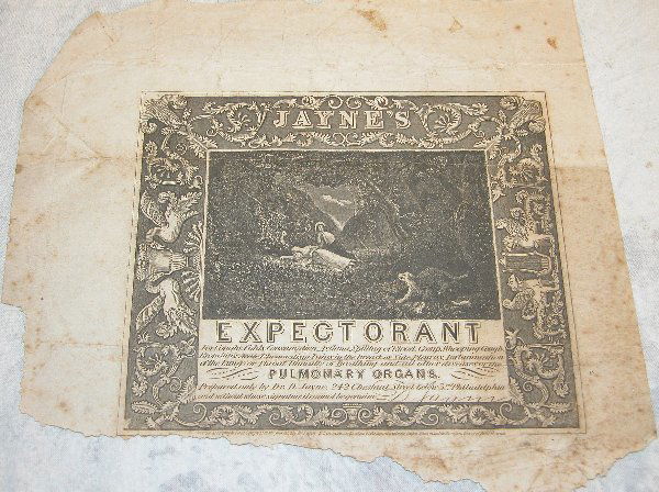 19th century Medical Label: Illustrated packet label for Jayne's EXPECTORANT for diseases of the pulmonary organs. Medicine available at Dr. D. Jayne, Chestnut St., Philadelphia. Label copyrighted 1858. Sheet measures 8.5" x 10"