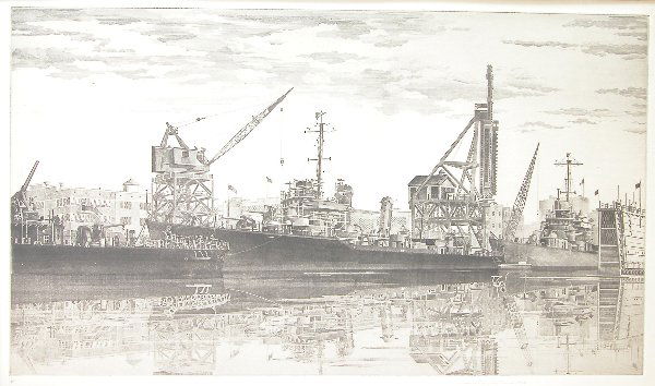 John Taylor Arms.: Depiction of large ships in port, etching, 10" x 17 1/4" image size, 15" x 21 3/4" paper size, pencil S&DLR, "John Taylor Arms 1943". Artist: b. 1887, d. 1953, American. Condition: slight toning, more