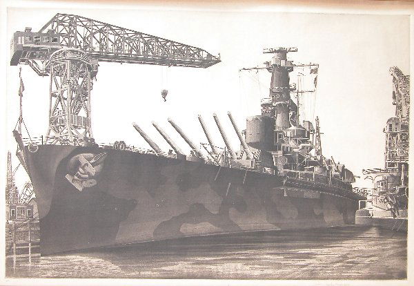 John Taylor Arms.: Titled, "Battle Wagon", etching, 11 7/8" x 17 3/4" image size, 22 1/8" x 22 3/8" paper size, pencil S&DLR, "John Taylor Arms 1943". Artist: b. 1887, d. 1953, American. Condition: slight toning, more s