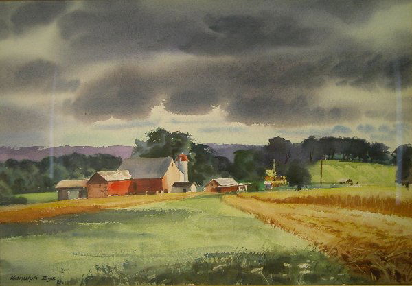 Ranulph Bye.: Titled, "Bucks county Farm", watercolor, 14" x 20" sight, SLL, "Ranulph Bye". Artist: b. 1916, Pennsylvania. Condition: no defects observed.