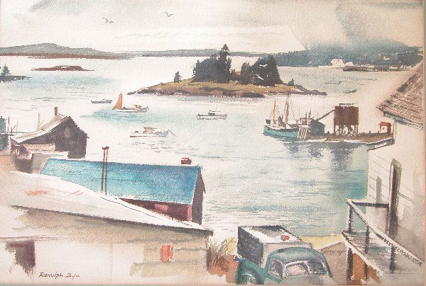 Ranulph Bye.: Depiction of a cove in Maine, watercolor, 14" x 20 3/4" sight, SLL, "Ranulph Bye." Artist: b. 1916, Pennsylvania. Condition: no defects observed.