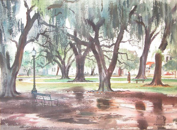 Ranulph Bye.: Titled, "A Walk in the Park", watercolor, 17" x 22 1/2" sight, SLR, "Ranulph Bye". Artist: b. 1916, Pennsylvania. Condition: no defects observed.