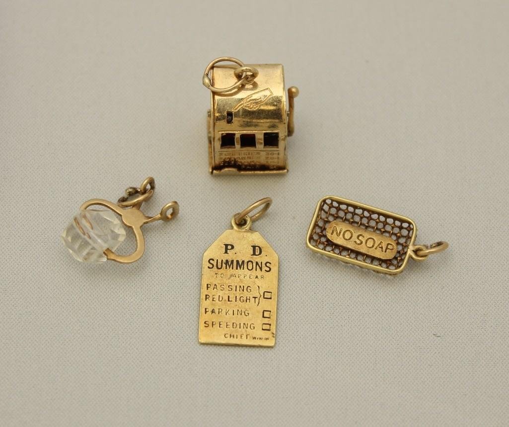 Gold Pendant/Charms: 14KY. Slot machine, Ice tongs, P.D. SUMMONS, Soap Dish. Lot of 4. 4.5dwt.
