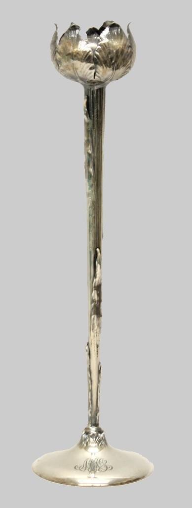 Black, Starr, & Frost Sterling Silver Art Nouveau Vase: Tall, thin folate form vase with monogrammed base. Marked on underside "Black, Starr, & Frost New York, Sterling 7369" 12.5"h, 7.1oz total weight. 