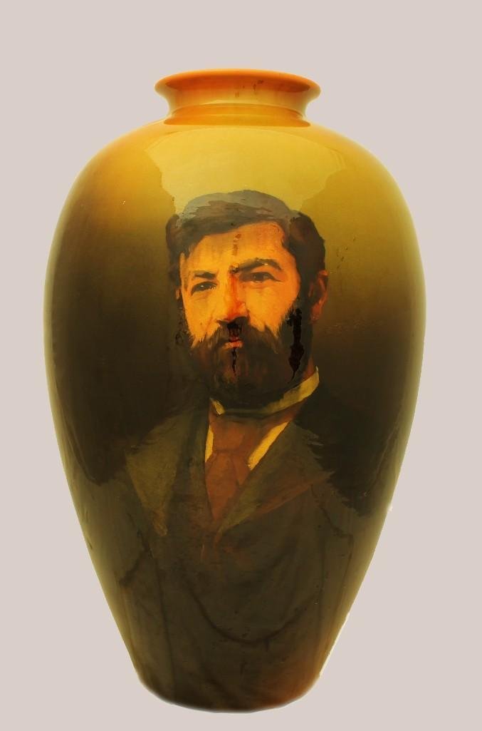 Rookwood Portrait Vase: Portrait on front. Marked "LC Lutz died on nov 4th 1893 compliments of Bruce" and Rookwood mark with "W" on underside. 21"h x 14"w