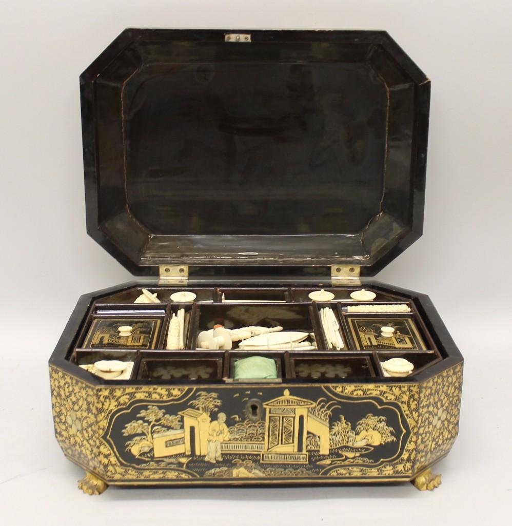 19th c. Chinese Lacquer Sewing Kit (1 of 9)