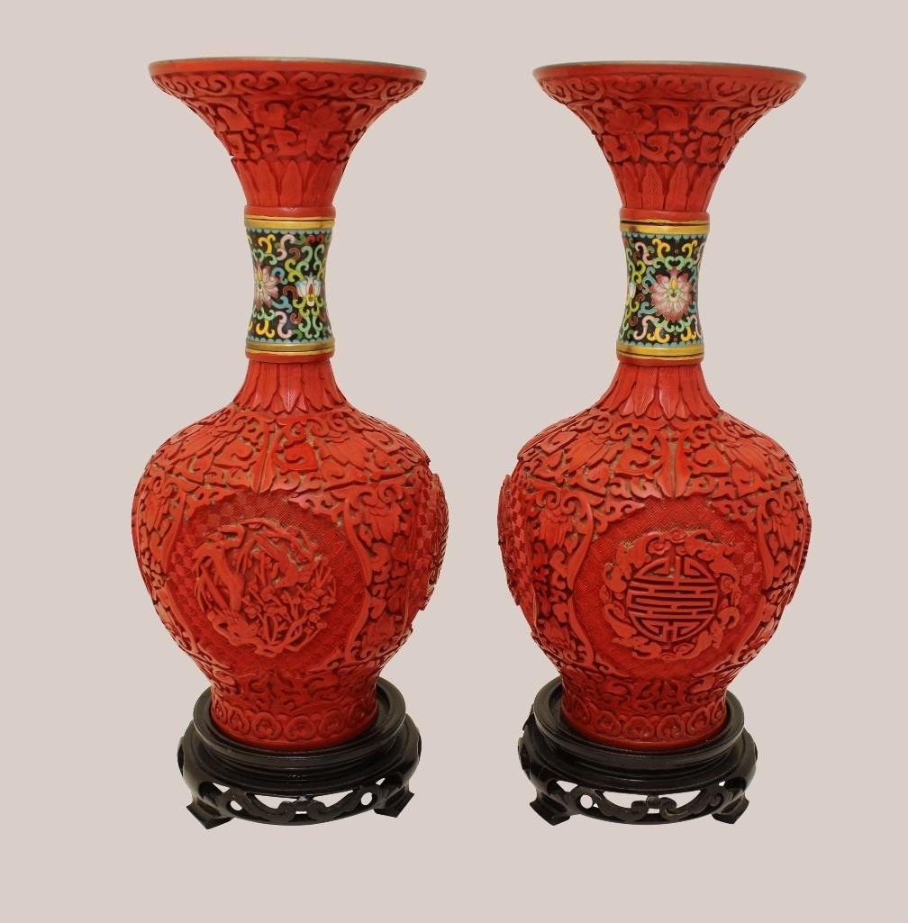 Chinese Cinnabar & Cloisonne Urn Shaped Vases (1 of 1)