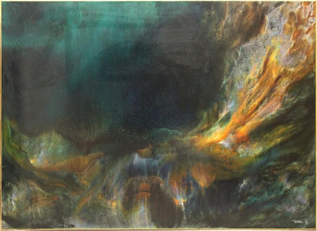 Leonardo Nierman (b.1932, New York/Mexico) "Imaginary: Acrylic on board. Signed and dated "Nierman 68" in lower right. Titles, signed, and dated on reverse. 35.5"h x 48"w