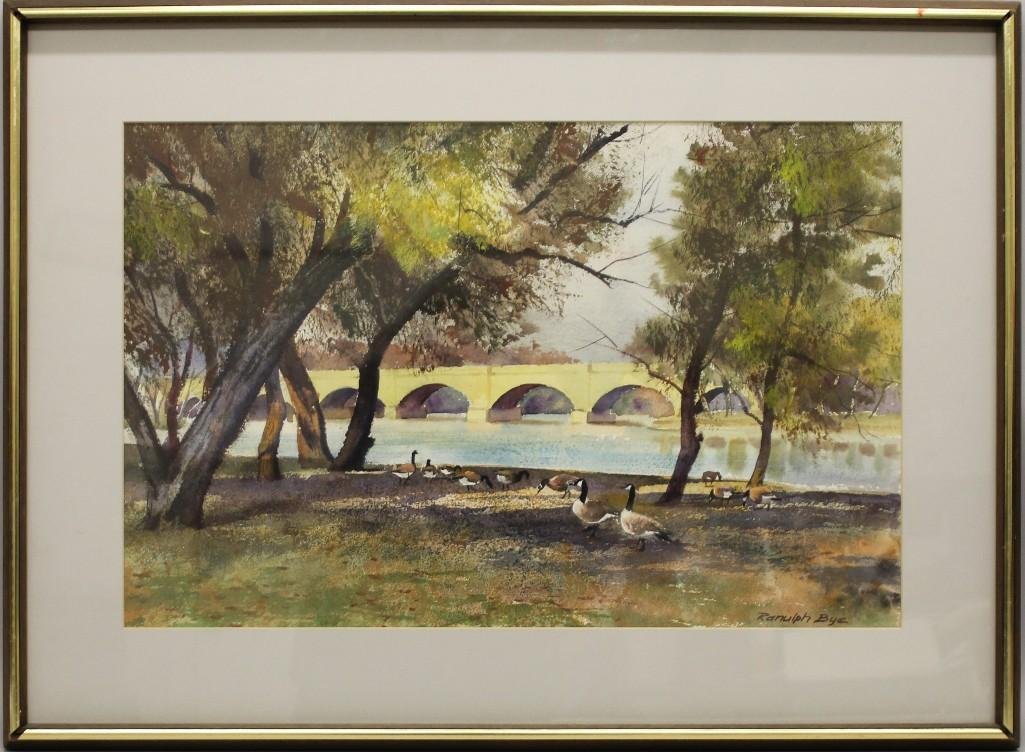 Ranulph Bye (1916-2003, Pennsylvania/New Jersey) "West: Watercolor on paper. Signed "Ranulph Bye" in lower right. Newman Galleries label on reverse. 14"h x 21.5"w