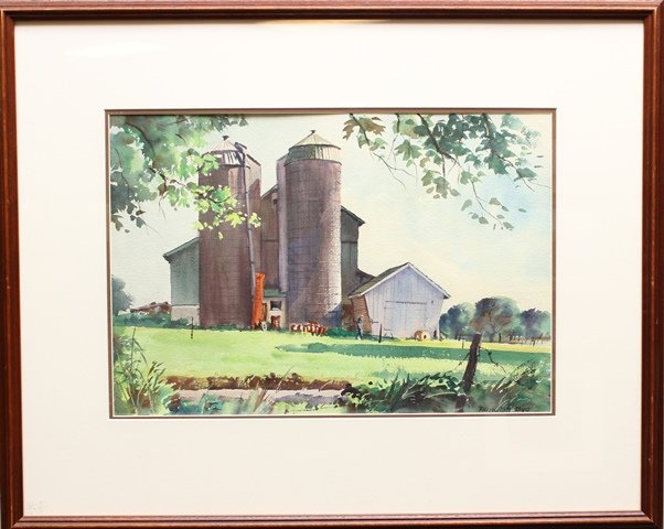 Ranulph Bye (1916-2003, Pennsylvania/New Jersey) Barn: Watercolor on paper. Signed "Ranulph Bye" in lower right. 14"h x 20.5"w