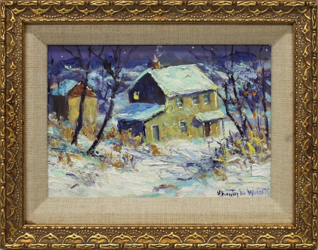 Christopher Willett (b.1959, Pennsylvania) "North of: Oil on board. Signed "Christopher Willett" in lower right. 5"h x 7"w