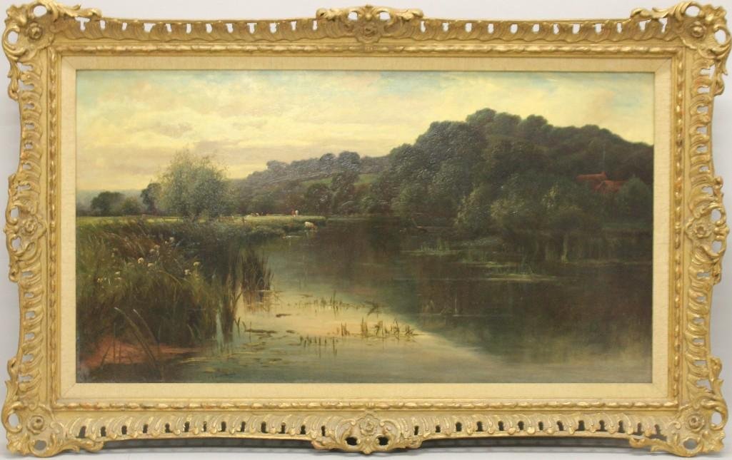Henry John Kinnaird (1861-1929, England) "Thames": Oil on canvas. Signed "HJ Kinnaird" in lower left. 18"h x 32"w