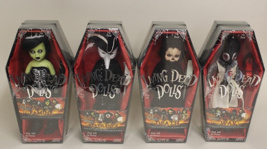 LOT OF (4) MIB NRFB MEZCO "LIVING DEAD DOLLS - THE: IN THEIR ORIGINAL COFFINS: FAMINE, PESTILENCE, WAR, DEATH.