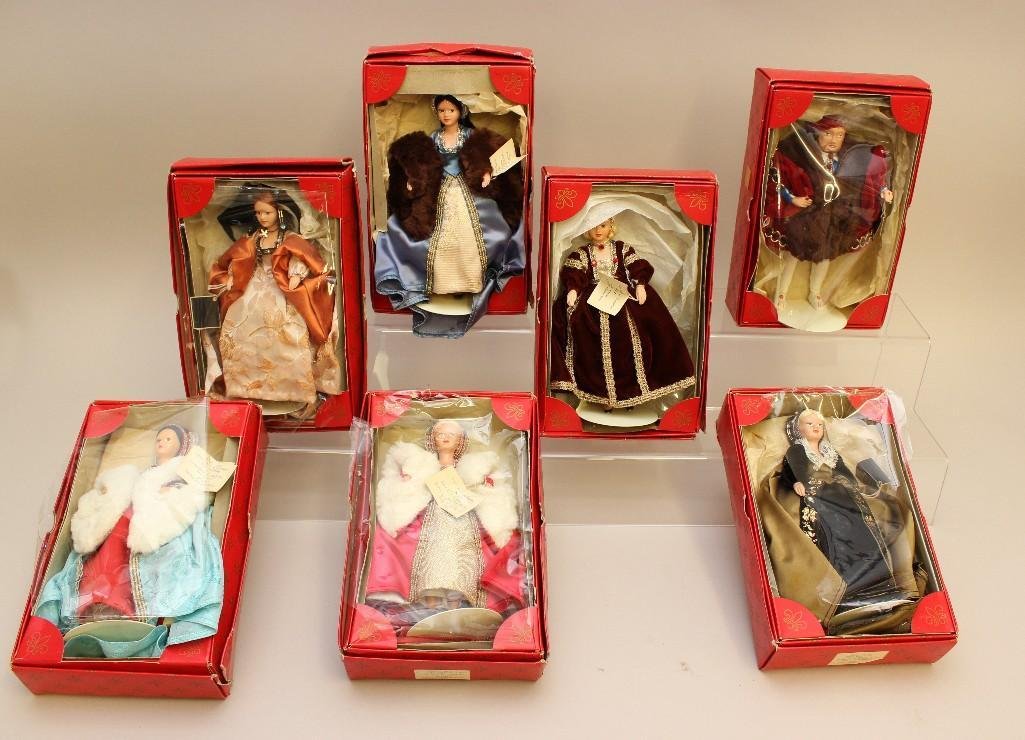 LOT OF (7) PEGGY NISBET DOLLS IN ORIGINAL BOXES: "KING HENRY VIII", "KATHERINE OF ARAGON", "ANNE BOLEYN", "JANE SEYMOUR", "ANNE OF CLEVES", "CATHERINE HOWARD", "CATHERINE PARR". A