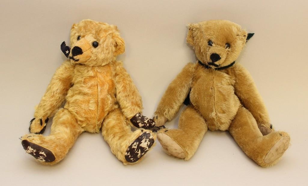 PAIR OF TAGGED DISTRESSED MOHAIR ARTIST BEARS MARKED "B: Both bears have swivel heads. 13" Camel bear with tan leather pads. 14" Golden mohair with brown leather pads. Condition: both bears have had the mohair and leather pads distressed to look l