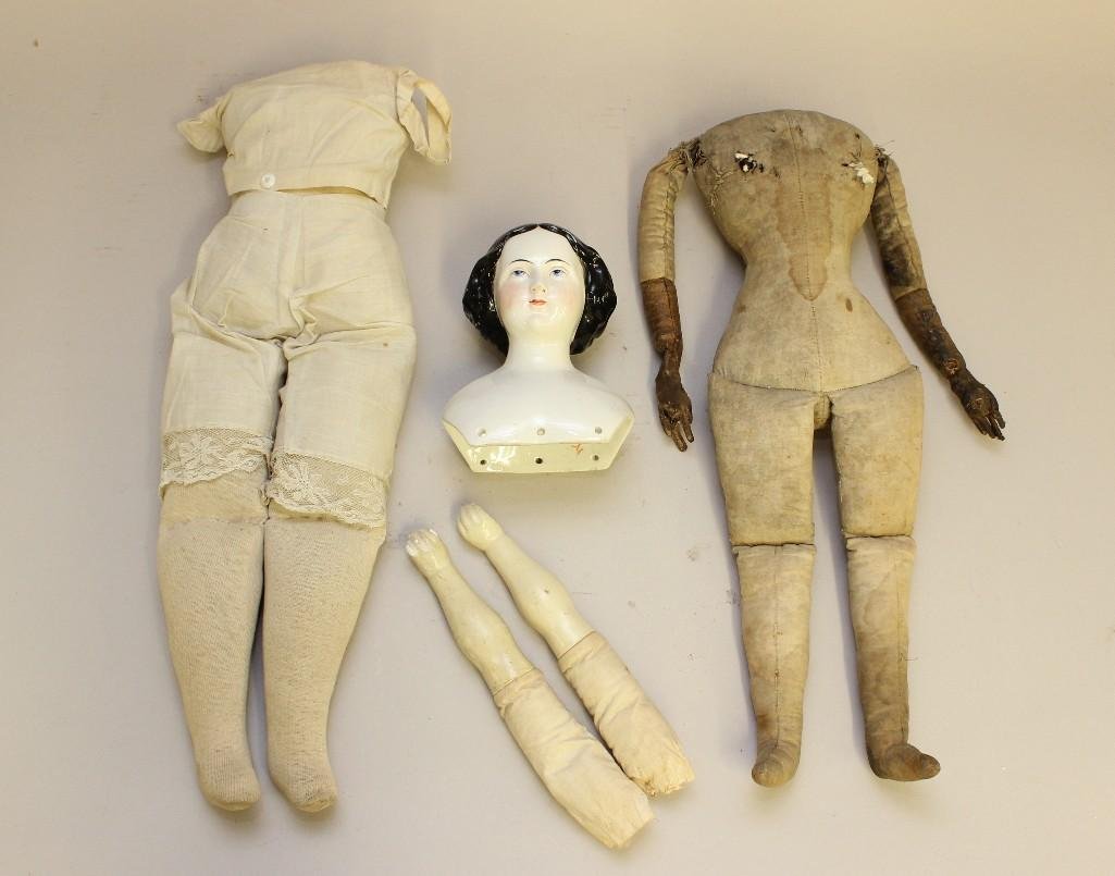BODY PARTS: ANTIQUE - (2) CLOTH BODIES, CHINA SHOULDER (1 of 4)
