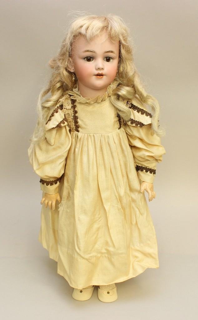 25 1/2" 1248 GERMANY HALBIG S&H 12 ANTIQUE BISQUE HEAD: Brown sleep eyes with fluffy lashes, open mouth, pierced ears, synthetic wig. Papier mache ball jointed body. Dressed in vintage beige silk dress with brown trim. Antique cotton underwear. Newer shoes
