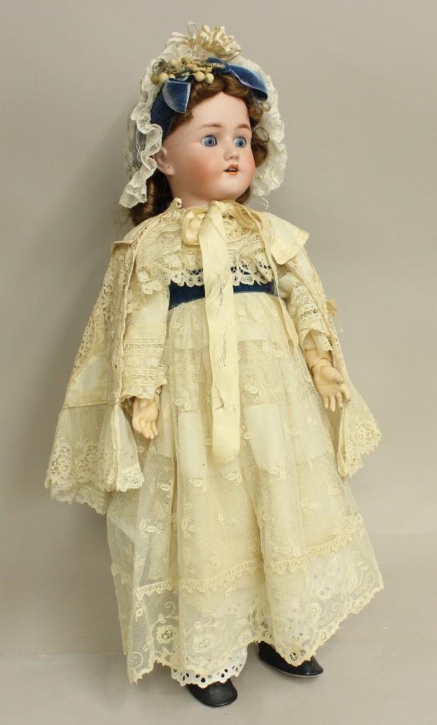 25" GERMANY HEINRICH HANDWERCK SIMON & HALBIG 4 ANTIQUE: Blue sleep eyes, open mouth, pierced ears, synthetic wig. Papier mache ball jointed body marked (red stamp) HEINRICH HANDWERCK Germany. Dressed in clothing made from antique fabric and laces: embroide