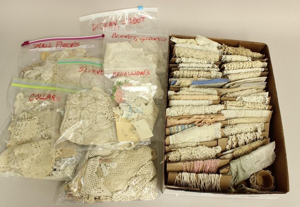 GRAB BAG OF ASSORTED ANTIQUE LACES, TRIMS. (1 of 4)