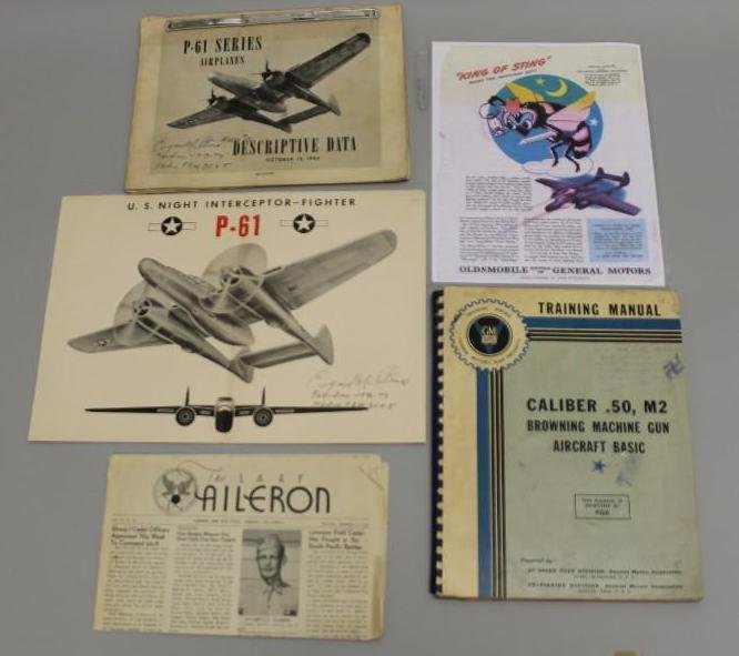 US WW II P-61 "Black Widow" data manual, poster, and: US WW II P-61 "Black Widow" data manual, poster, and training manual. M-2 machine gun lot includes a rae descriptive data manual, stamped "RESTRICTED", dated "Oct. 15, 1943&qu