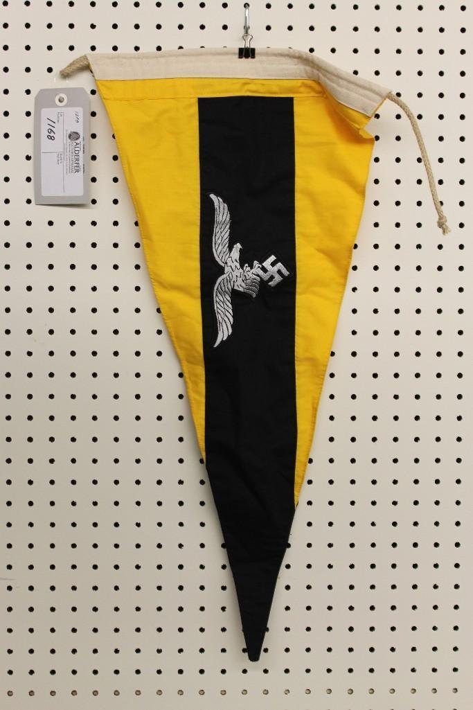 Luftwaffe Command pennant for: Luftwaffe Command pennant for Fliegertruppe-reproduction. A very well made banner banner display. A machine embroidered spread-wing eagle in silver-gray thread on a black and yellow triangular field. 