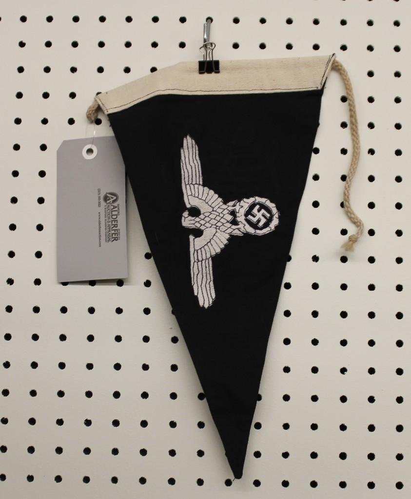 German triangular fender pennant for the "LAH" 1st SS: German triangular fender pennant for the "LAH" 1st SS PZ. Division - reproduction. Pennant displays the machine embroidered "LAH" (Liebstandarte Adolf Hitler) cypher executed in si