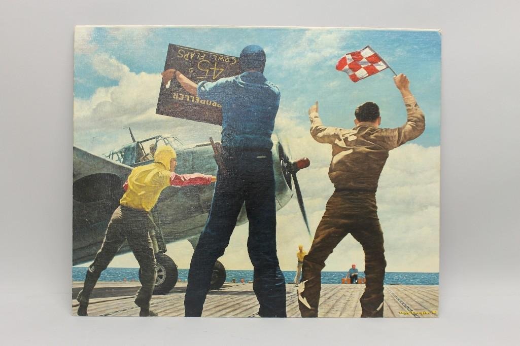 US WW II era scene; military aviation oil painting by: US WW II era scene; military aviation oil painting by Tony Fachet. This scene depicts an aircraft carrier signal man with arms raised providing instant instructions to the pilot of a US Naval aircraft