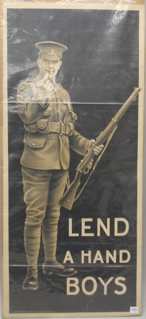 WWI Irish Recruiting Poster: World War I poster measuring 29.5" x 13" featuring graphics of Irish soldier with rifle pointing to viewer with text "Lend a hand boys" Poster by James Walker of Dublin. Poster has