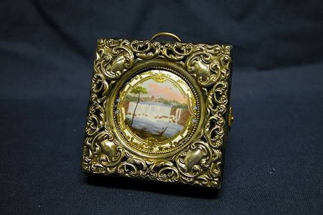 Pocket Watch.: Waltham Watch Co., American, movement #22829060. Enamel decoration of waterfalls on back case, pink colored dial, numbered dial. Hunting case- C.W.C. Co., 25 year warranted case #1453427. With