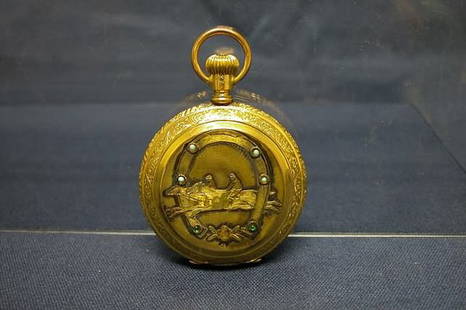 Pocket Watch.: Marvin Watch Co., movement #785630, 17 jewels. Front decorated with floral wreath, back decoration of 2 horseback riders jumping through horseshoe, horseshoe set with 6 simulated stones. Case Venus