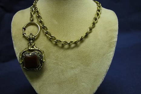 Watch Chain with Fob.: Dual chain style with 2 bloodstone and carnelian on revolving fob. Chain and fob are G.F.
