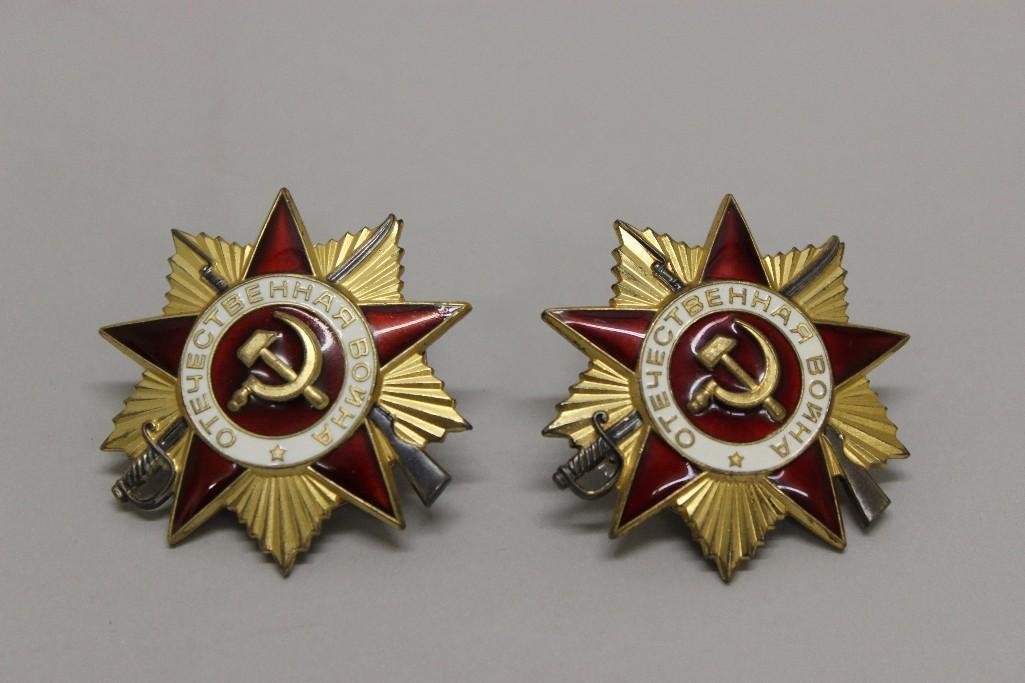 Pair of Soviet Orders of Patriotic War - First Class: Pair of First Class Orders of Patriotic War: 1.) Order of Patriotic War presents engraved number on reverse at bottom center "771075", 2.) Order of Patriotic War presents engraved number on 