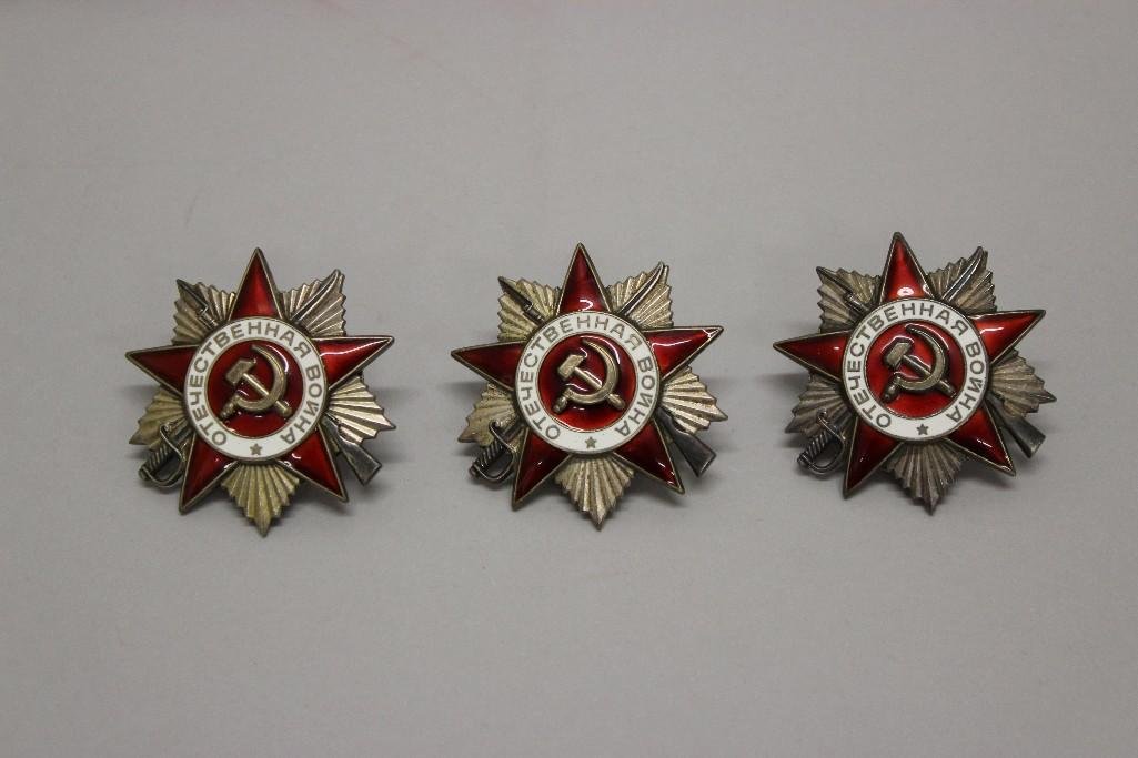 Grouping of Soviet Orders of Patriotic War - Second: Grouping of Second Class Orders of Patriotic War: 1.) Order of Patriotic War presents engraved number on reverse at bottom center "6236632", 2.) Order of Patriotic War presents engraved numb