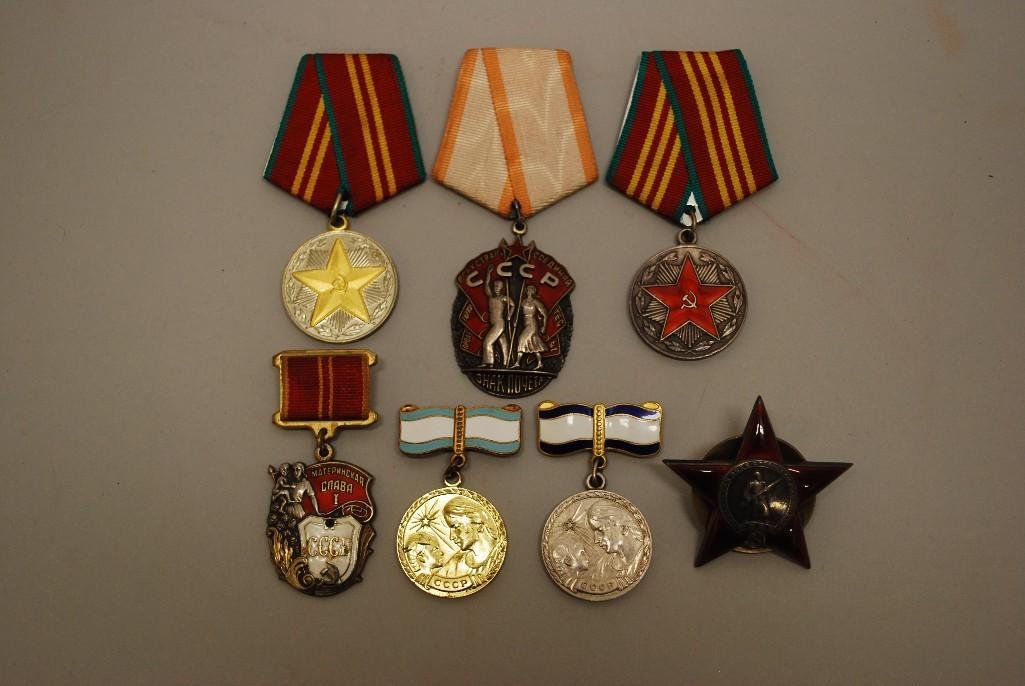 Grouping of Miscellaneous Soviet Medals: Grouping of 7 miscellaneous Soviet medals: 1.) Medal for 15 years of Irreproachable Service in the Armed Forces of the USSR, 2.) Medal for 20 years of Irreproachable Service in the Armed Forces of the