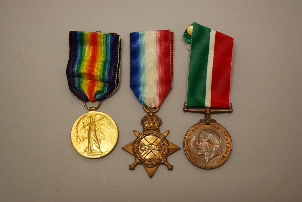 Group of British WWI Medals to Unrelated Recipients: Group of three British World War I medals to unrelated recipients including; 1.) 1914-15 Star medal named "SS 110425 T. Lally STO.1. R.N." 2.) WWI Victory medal named "22-644 PTE J. MAR