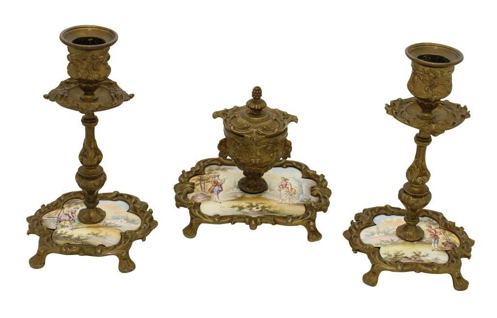 Bronze & Enamel Inkwell & Candlestick Desk Set (1 of 1)