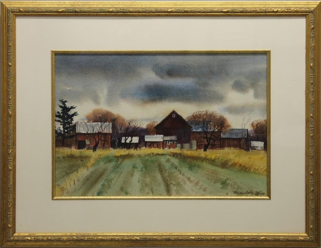 Ranulph Bye (1916-2003, Pennsylvania/New Jersey) Farm: Watercolor on paper. Signed "Ranulph Bye" in lower right. 13.5"h x 19.5"w