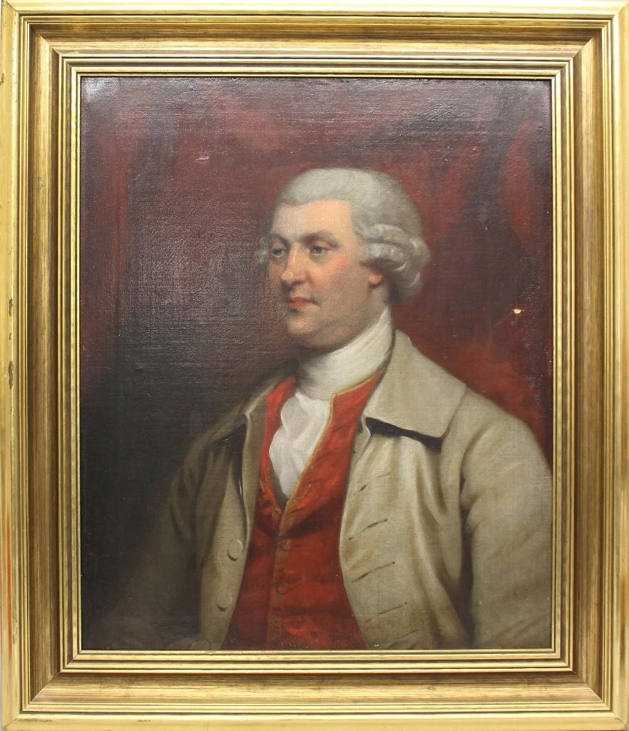 18th c. Portrait of a Gentleman: Oil on canvas. Features a man with a tan overcoat and red vest. Circa 18th century. 30"h x 25"w