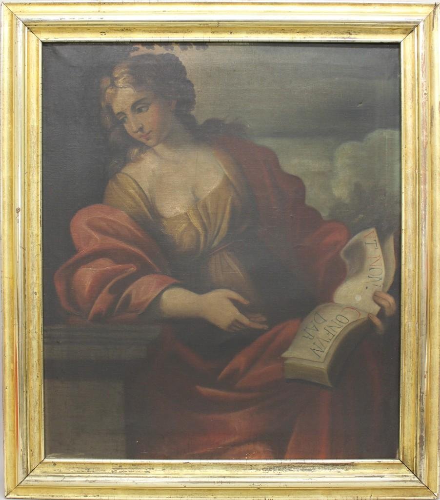 19th c. Seated Woman with Book.: Oil on canvas. Labeled "Ut Non Confundar(Let me not be confounded) (from the "Te Deum" the closing words)" on reverse. 30"h x 25"w.