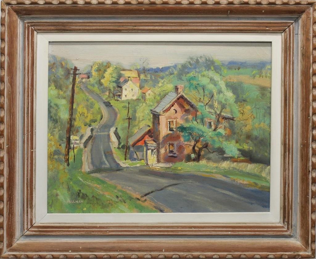Theodore Hallman (20th c., Pennsylvania) "Toll House": Oil on canvas. Signed "Hallman" in lower left. Titled on reverse. 16"h x 20"w