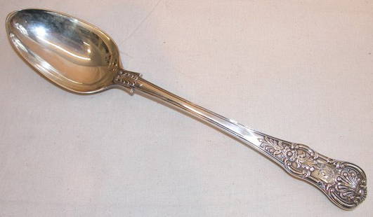 Victorian Sterling Silver Stuffing Spoon.: Massive sterling silver Victorian stuffing spoon with armorial decoration on terminus obverse, made by Mary Chawner, London, 1839, marked "MC", along with date, town and duty marks, 12 1/8", 206