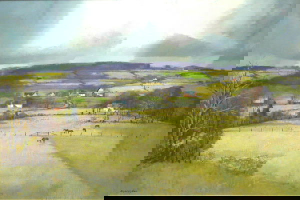 Ranulph Bye.: Titled, "Gardenville Valley 1962", oil on canvas, 32" x 48", SLL, "Ranulph Bye", prov.: Tasty Baking Co. boardroom. Artist: b. 1916, Pennsylvania. Condition: no defects observed.