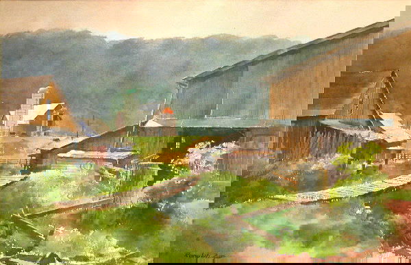 Ranulph Bye.: Titled, "Taylor Farm, Beach Glen, PA", watercolor, 14" x 21 1/4" sight, SLL, "Ranulph Bye". Artist: b. 1916 Pennsylvania. Condition: no defects observed.