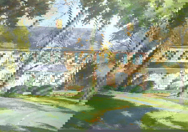 Ranulph Bye.: House alongside a circular drive, watercolor, 20"x 28 1/4", S&DLL, "Ranulph Bye 1956". Artist: b. 1916 Pennsylvania. Condition: no defects observed.